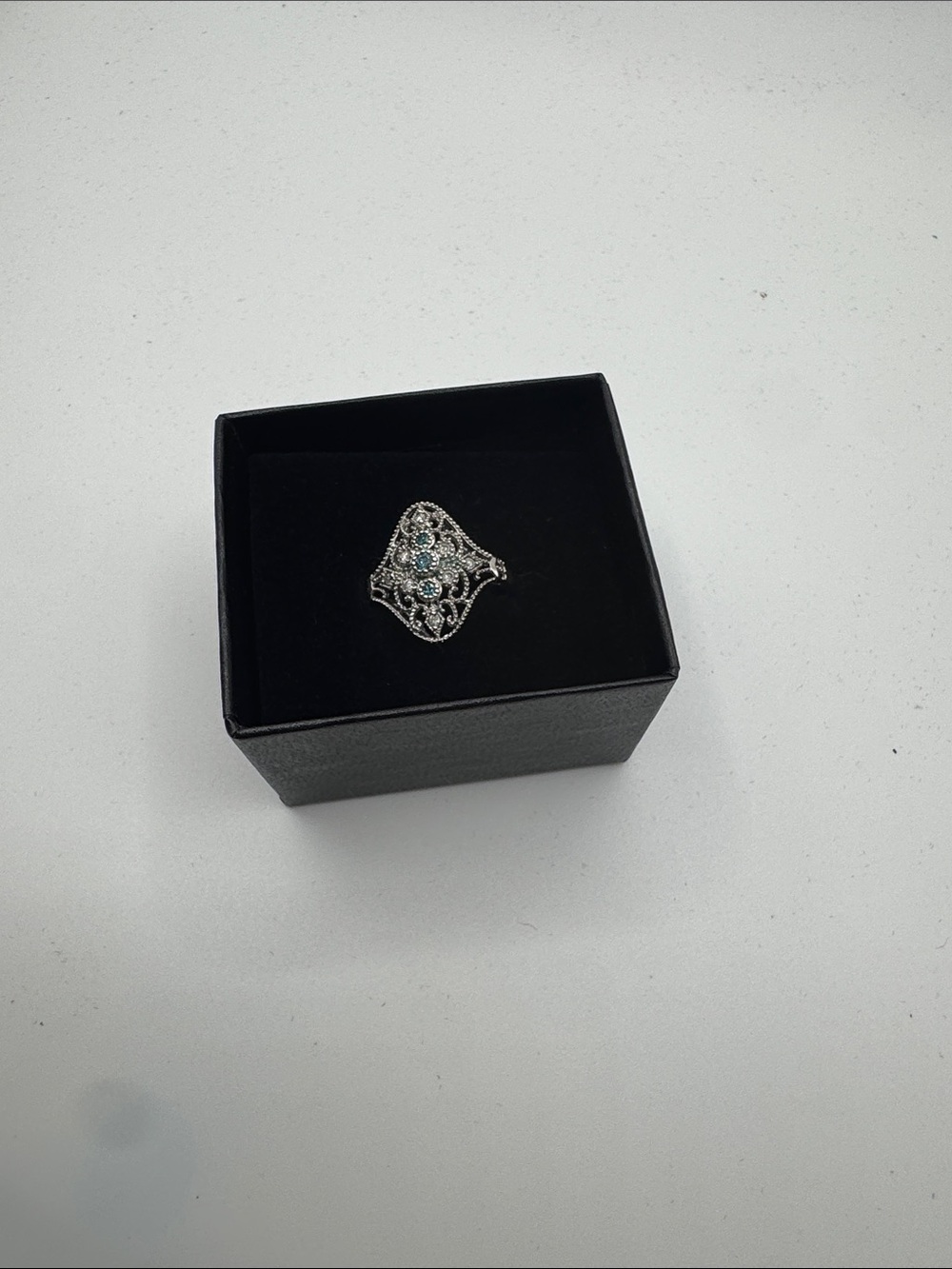 Filigree Silver-Tone Statement Ring with Blue Stones